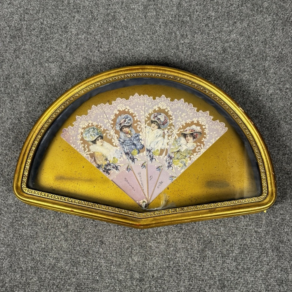 Vintage Paper Fan Framed Gold Plastic Shadow Box Victorian Style Purple Flowers